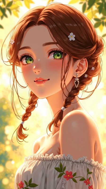 Niji_anime, High-resolution anime-style illustration with impressionistic influences, close-up portrait of a vibrant young woman bathed in soft golden light. Her deep auburn hair is styled into loose twin braids, delicate strands framing her face, adorned with tiny blossoms. Her emerald-green eyes sparkle with mischief, long, dark eyelashes accentuating their playful glint. Her lips curve into a confident, teasing smirk, a hint of amusement in her gaze. Her fair skin glows under the dappled sunlight filtering through unseen leaves, casting soft highlights on her cheekbones. She wears a delicate, off-the-shoulder dress with embroidered floral details, its fabric catching the soft breeze. The background fades into a dreamy blur of warm pastels and soft painterly brushstrokes, enhancing the impressionistic, lively atmosphere <lora:Niji_anime_style_flux:0.8>
