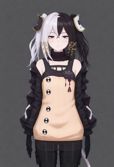 masterpiece, best quality, amazing quality,,, shiny skin,,,,,,<lora:Zesshi_Zetsumei:1> Z3ssh1Z3ts0m31, white hair, multicolored hair, black hair, long hair, two-tone hair, black eyes, gloves, jewelry, black gloves, hair ornament, skirt, pantyhose, ribbon,