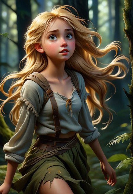 8K, HDR, RGB, Close-up, Hyperrealism, Oil Painting, Scene Detail, Stunning Looks, Super High Quality Detail, UHD, Top Angle,
a teenage girl, a fairy, rushes through the forest, wearing tattered clothes, navigating twisting dangers. The dim moonlight reveals a pale, trembling figure with blurry golden hair, hyperrealism, intricate detail, amazing craftsmanship, depth of field, sharp focus, dynamic action poses, creative poses, elegance,
Greg Rutkowski, Studio Ghibli Genshin Impact