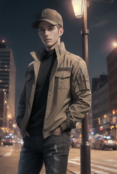 (masterpiece, best quality, high quality, highres, ultra-detailed), city, scenery, night, building, sign, cityscape, pantyhose, skyscraper, street lights, 
solo, 1boy, gray eyes, short Crew Cut, sand blonde hair, triangular face, looking at viewer, outdoors, hands in pockets, khaki jacket, black  loose jeans, black baseball cap, 
AS-Adult, Asian-Less, OverallDetail,