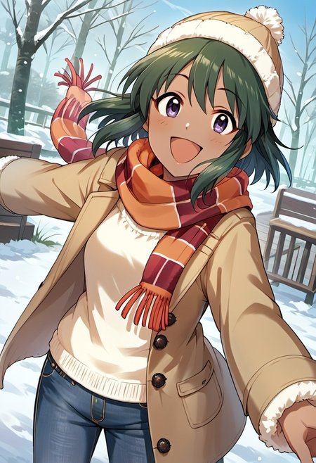 score_9, score_8_up, score_7_up, source_anime, natalia, short hair, dark-skinned female, dark skin, purple eyes, green hair, 1girl, scarf, solo, winter clothes, smile, open mouth, hat, coat, looking at viewer, denim, snow, jeans