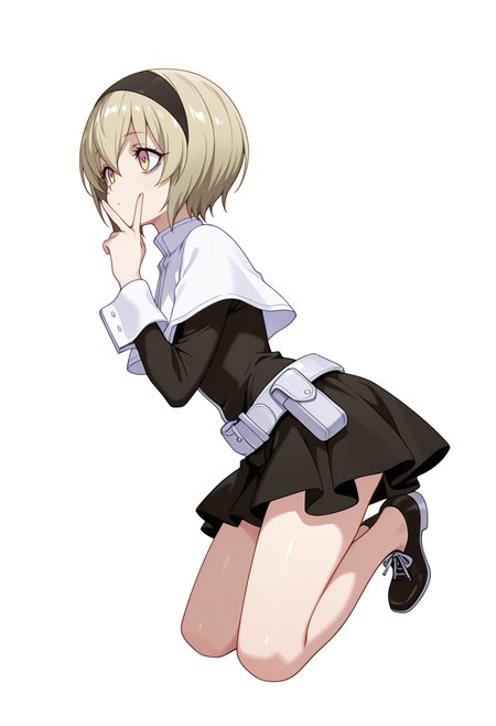 Smooth Quality,masterpiece,very intricate, high quality details, ultra realistic, high detailed skin,detailed enviorement,absurdres,
v over mouth,
 <lora:Pekora_CNR:0.8> pekora_cnr, 1girl, blonde hair, short hair, bangs, yellow eyes, multicolored eyes, shiny hair black hairband,bags under eyes,pekora_def_cnr, black dress, white capelet, black skirt,white belt, long sleeves, shoes, pouch,, color drain,, simple background, white background, from side,solo,