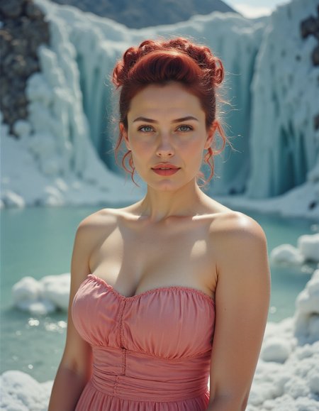 a voluptuous woman,Quiff haircut,Red,Special Occasion Strapless bridesmaid dress in a blush pink with a pleated bodice,niflheim icy realm in norse mythology,(masterpiece best quality ultra-detailed best shadow amazing realistic picture),Fujifilm Neopan 100,specular lighting,<lora:Pro-skin_epoch_10:1>