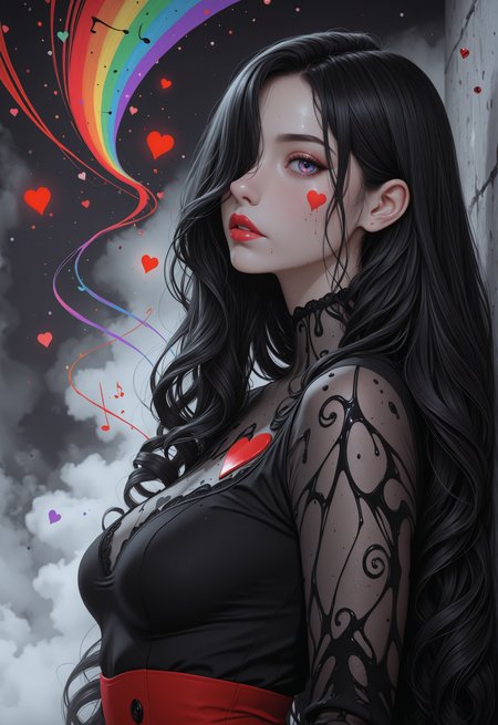 1girl, woman, adult, looking at viewer, queen of hearts,
high_quality, highres, detailed_eyes, detailed, masterpiece, best quality, absurdres, 8k, HDR, face_focus, 
messy_lipstick, 
long hair, straight hair, very long hair, extreme curly thin hair, hair over eye, bangs, hair behind ear, 
saggy_breasts, small_breasts, small_waist,
upper body view, angle_soft_focus, dynamic view, side view,
ink, wall, fog, 
rainbow colors, chromatic colors, gray, black, white, red, limited palette, 
cosmic, floating hearts, floating music_notes, âª