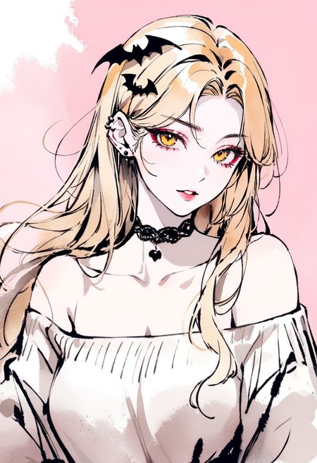 masterpiece, best quality,<lora:inkXL_ANI31_lokr_V43P1:0.95>monochrome, watercolor, 1girl, solo, bat hair ornament, choker, long hair, hair ornament, blonde hair, jewelry, earrings, eyeshadow, looking at viewer, black choker, makeup, yellow eyes, off shoulder, simple background, parted lips, bare shoulders, collarbone, sweater, ear piercing, eyelashes, piercing, white background, white sweater, upper body, off-shoulder shirt, lace choker, portrait, parted bangs, off-shoulder sweater, pink background