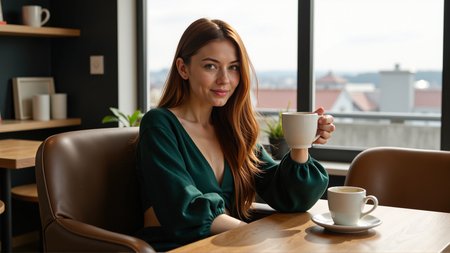 sci-fi style a slim elegant woman sitting in a cafe holding a large mug of coffee in her hands
she has a heavy lower lip and hollow cheeks, she appears to be 30 years old
her eyes are an intense green colour and her long flowing hair is a (brilliant auburn colour:1.2)
she's looking at the viewer across a low table, on the table is a saucer for the mug, she's sitting in a large comfy chair with her feet tucked up beside her
she's  a dark green (cropped:1.3) woolen jumper with a low neckline and  long baggy sleeves, the top is tied in a knot at the front
she looks very relaxed and happy, her eyes glitter, . futuristic, technological, alien worlds, space themes, advanced civilizations, score_9, score_8_up, score_7_up, hyperdetailed, hyperrealistic,  best quality, (masterpiece:1.3),high-definition, intricate details, volumetric lighting, symmetrical face, level eyes,