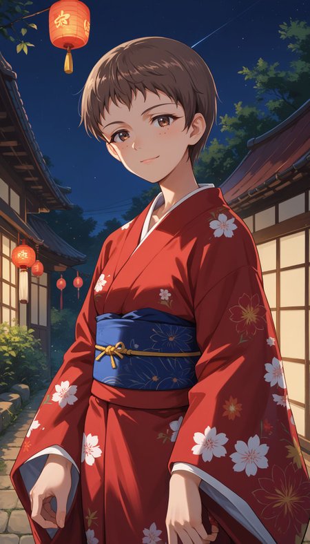 score_9, score_8_up, score_7_up, source_anime, 
<lora:Naomi:1> 1girl, naomi (girls und panzer), brown hair, brown eyes, freckles, very short hair, smile, 
red kimono, wide sleeves, long sleeves, obi, sash, floral print, outdoors, night, kinchaku,