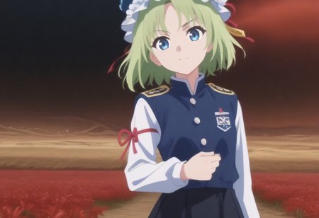 1girl, solo, solo focus, highres, absurdres, shikieiki, green hair, frilled hat, blue eyes, blue headwear, short hair,
long sleeves, black skirt, white shirt, blue vest, red ribbon, epaulettes, small breasts, arm ribbon, buttons, 
looking at viewer, head tilt, 
spider lily, flower field, night sky, red sky, dark, red theme,