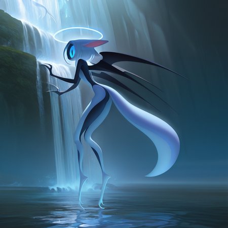 wisp, 1girl,solo,body focus,blue eyes,animal ears,tail,full body,wings,water,no humans,halo,claws,
masterpiece, best quality, amazing quality, very aesthetic, absurdres,  newest, 
waterfall backround,epic detailed backround (volumetric lighting), 
 ,<lora:wisp_illustrious:1>,