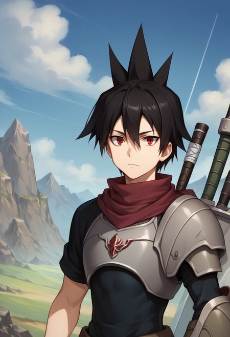 score_9, score_8_up, score_7_up, source_anime, highly detailed, 
rossen, weapon, sword, red eyes, solo, black hair, weapon on back, armor, 1boy, shoulder armor, huge weapon, scarf, male focus, spiked hair, pauldrons, upper body,
outdoor, mountains,