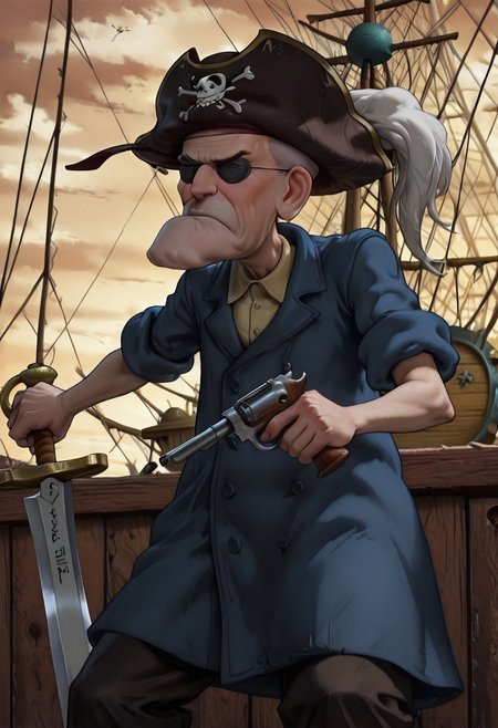 Masterpiece, best quality, highest quality, absurdres, realistic, solo, Eustace, Bagge, pirate hat, glasses, eyepatch, pirate gear, cutlass sword, flintlocke pistol, grumpy expression, pirate ship background, detailed background,