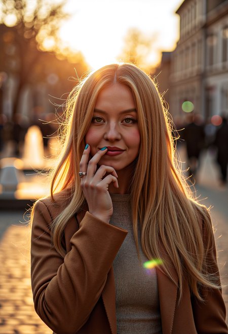 sw33ny, close-up shot,  photorealism, photography of a beautiful woman, standing on a cobblestone street, sunset, lens flare, rainbow lens flare  wearing casual autumn clothes, long blonde hair, asymmetrical bangs, ,reaching out, hand on own cheek,  fake nails, nail polish,   smiling warmly, outdoors, autumn foliage, traditional houses, fountain,  vibrant colors, detailed, photorealistic,looking to the side, wind, hair flowing over, crowded, cinematic lighting,  