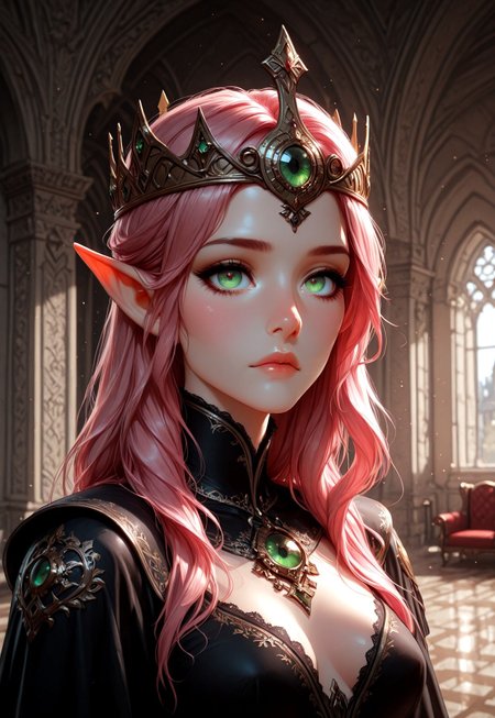 masterpiece, best quality, amazing quality, very aesthetic, female, solo, (depth of field), medieval setting, indoors, day time, palace,

elf, pink hair, green eyes, cute face, slender, small breasts,( long hair swept to one side:1.2), beautiful, kawaii, short pointy ears, hazel eyes, royal garments, dark clothing, jewelry, gunmetal crown, dark crystal


walking, looking at viewer, palace floor, palace walls, 

Expressiveh, eyesHD, high gradient eyes, detailed eyes, high definition eyes, incoth, (incase:0.6), xbv2-illu