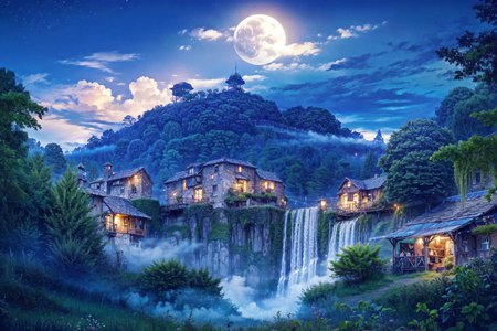 <lora:Wasteland:1>, ((market of an elven village)), forest with a waterfall and a waterfall, plants, vine, mountain,
<lora:more_details:0.8>, extremely detailed, CG, finely detail, (masterpiece, best quality):2.0, (intricate details, depth of field), 
8k, HDR, ultra detailed, ((photorealistic)), professional light, cinematic lighting, fashion photography, ambient lighting, atmospheric effects, 
<lora:Night scene_20230715120543:0.5>, (night):1.2, (starry star, 1moon, one moon, beautiful sky, clear sky),