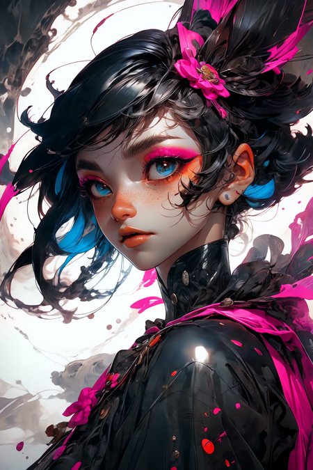 close-up shot, woman, gothic make-up, detailed skin, light freckles, shallow depth of field, OverallDetail
<lora:more_details:0.4>
 <lora:Cosmic anime-oil fusion v2:0.45> 
<lora:AnimeVibesV3:0.3> animevibes, 
<lora:3DMM_V11:0.5> 3DMM 
<lora:midjourney_20230624181825:0.7> midjourney ,
 <lora:LAS:0.5> cloud,colorful,
<lora:msw_locon-t2:0.6>
 <lora:wuxia2:0.6> gu,
 <lora:CyberpunkStyleV1:0.2> PunkAI ,
<lora:CatgirlMaidV1.0-000003:0.35> CatgirlMaid, shiny, shiny hair, shiny skin, shiny clothes