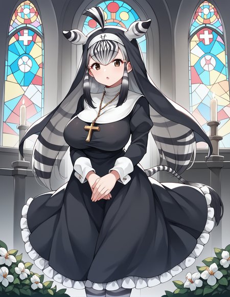 score_9, score_8_up, score_7_up, score_6_up, score_5_up, score_4_up, source_anime, BREAK <lora:chapmansZebraXL_LoRA-C3Lier_AdamW_Dim16_Alpha16_UN-3e-4_TE-1.5e-4_10batch_ponyDiffusionV6XL_v6StartWithThisOne:1>, chapman's zebra \(kemono friends\), animal ears, 1girl, two-tone hair, long hair, large breasts, tail, nun, veil, frills, frilled skirt, long skirt,striped pantyhose, church, flower, stained glass