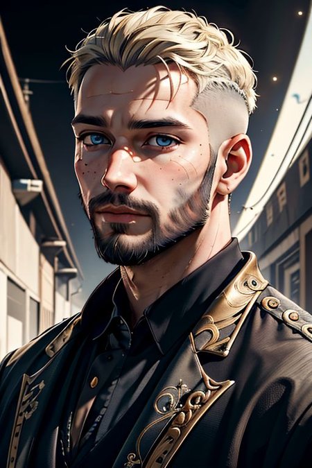 Master piece, highest quality, highest possible OverallDetail, semirealistic,  blue eyes,
Create an elder of a cultivator sect. 
The character looks like he is in his late twenties or early thirties. 
He is bald and has a long blond-golden beard. 
His eyes are blue. Detailed face.