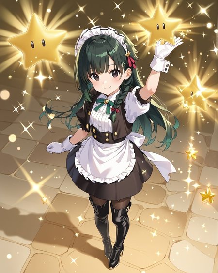 score_9,score_8_up,score_7_up,masterpiece, best quality, <lora:WHM 0.2v:0.5>, WHM, 2D,anime,  
<lora:SuperStar:0.8> sup3rst4r, star (symbol), sparkle, arm up, open hand, high angle,  smile,
BREAK
dark green hair, black eyes, long hair, 1girl,  maid headdress, blush, <lora:Yokoya_Yuki-65:0.5> white shirt, braid, white gloves, thigh boots, pantyhose,