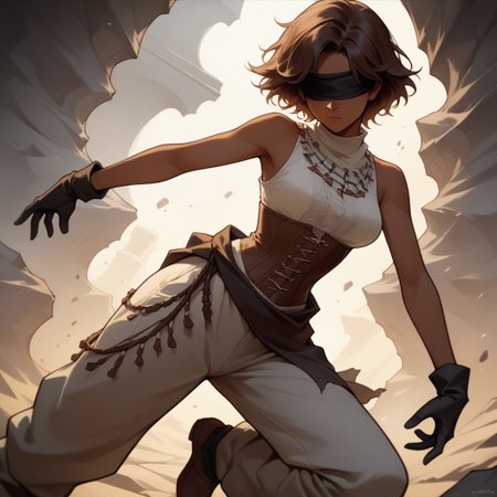 Score_9, Score_8_up, Score_7_up, (masterpiece), best quality, blindfolded, perfect face, perfect anatomy, anime girl, slim, medium breasts, hourglass shape, brown hair, short hair, dark skin and freckles, beautiful and trained bodysuit, white sleeveless shirt, brown corset that highlights her breasts and small waist, loose pants with openings on the sides, without shoes and with long black gloves that reach to her elbows, hippie aura, dark skin,kistune mask on the face 
fighting perspective, with a sword in his hand, about to fight, hell  
<lora:Concept_Masked_Lady:0.7>,