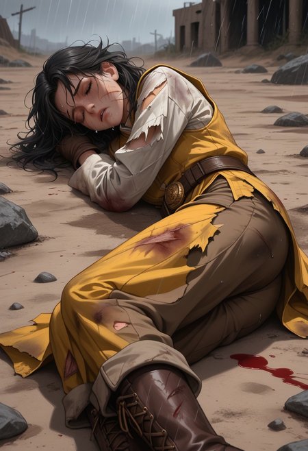 score_9, score_8_up, score_7_up, 
high quality, high resolution, detailed, highres, source_anime, masterpiece, best quality, highres, intricate, 
BREAK
1girl, solo, 
magical girl dress, yellow steampunk dress, (brown shorts:1.2), utility belt, brown boots, brown gloves, black tights, 
black hair, medium hair, messy hair,
lying, defeated, closed eyes, looking down, tired, corpse, 
blood, blood on clothes, blood on face, bloody, cuts, bruises, damaged, torn clothes, hurt, blood tears, blood pool, dying, 
broken sword, sword lying on the ground,
detailed battlefield background, wasteland, desert, heavy rain, rain, dark, night sky,  injured, scars, ruin, rocks, ruins, rain, smoke, dust, dirt, 
side view, low angle, wide shot, 
blurry background, depth of field, shadow, 
ghostshell, retrostyle,