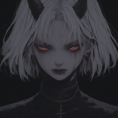 score_9, score_8_up, score_7_up, flat color, blood dripping from mouth, demon girl, demon horns, gthan, gothic, jewelry, red glowing eyes, solo, blood, earrings, cross, 1girl, black background, looking at viewer, portrait, short hair, necklace, blood on face, cross necklace, simple background, spot color, closed mouth, white hair, cross earrings