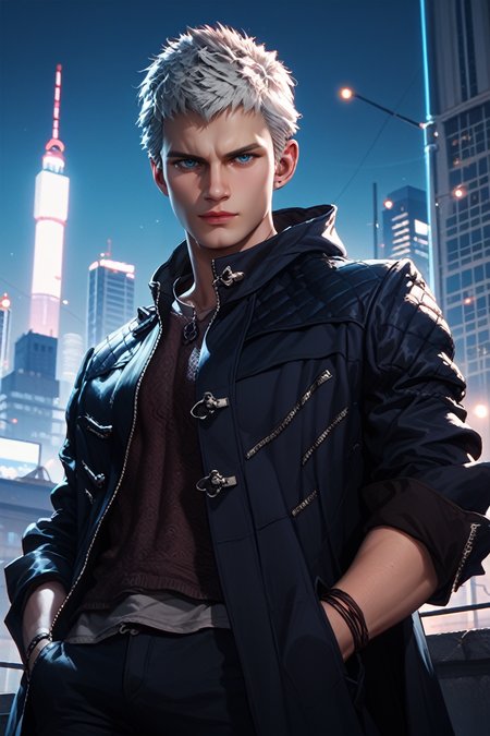 score_9, score_8_up, score_7_up, score_6_up
<lora:DMC5Nero:1.0>
DMC5Nero, 1boy, white hair, short hair, blue eyes, looking at viewer, On a high-rise rooftop, sharp black trench coat, city lights below, hands in pockets