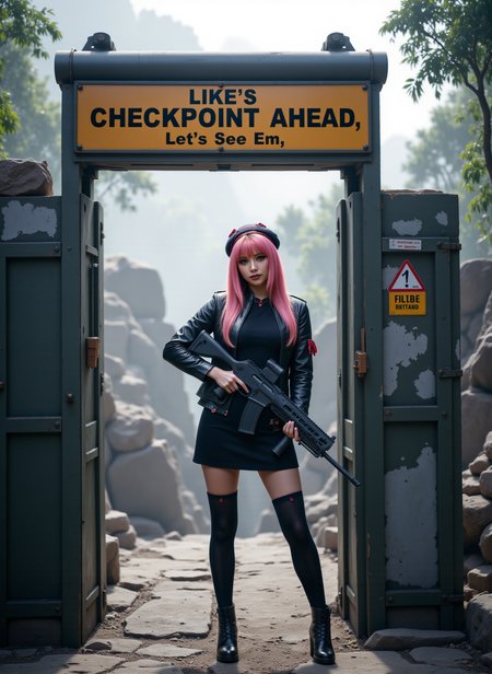 full body view, photoshoot poses, dynamic angles, multiple angles, photoshoot poses; a photo of Rui_WT in a futuristic style, with a red ribbon in her hair, pink hair,holding a gun in her hand, and wearing a black hat. She is standing at a heavily guarded military checkpoint, The sign on the gate reads "Like's checkpoint ahead, let's see em", with a gun in her hand, and her outfit includes a black hat, a black jacket, and black boots. daytime,  The scene is set in a gritty well lit environment, with a sense of action and adventure. Style: realistic hyper-detailed rendering, 32k UHD, expressive eyes, punk, graphic design, girl's face, pretty and cute, gleaming lips, telling a tale of adventure. Exuding confidence and serenity. The overall mood of the image is happy and relaxed,detailed skin texture,(blush:0.2),(goosebumps:0.3),subsurface scattering,with a playful and whimsical tone, aidmafluxpro1.1, aidmarealisticskin, detailed hand, perfect hands, 