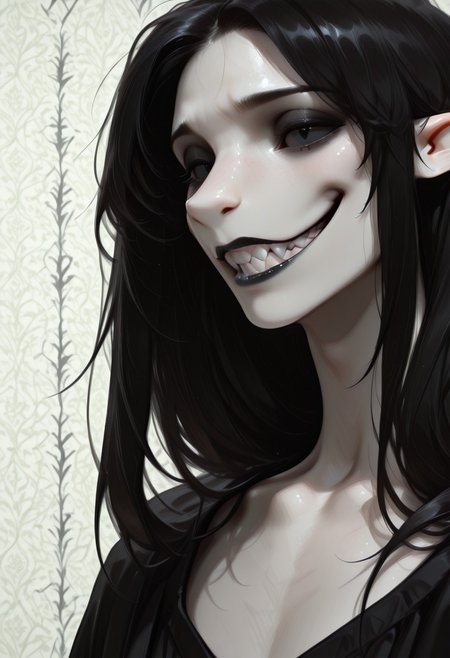 1 person, (lapanya, snout nose:1.3), solo, androgynous, pointy ears, sleek hair, straight hair, long hair, black hair, straight hair, parted hair, hair over shoulders, ((black sclera, black irises, black pupils)):1.5, (very pale skin, white skin), ((full lips, black lipstick)), black cloak, open cloak, bare chest,
(Grinning, sharp teeth, detailed teeth), looking at viewer,
Medieval style, Smooth colors, detailed face, smooth skin, smooth nose, organic cavern background, clean lines, high quality, best quality, masterpiece, rating: safe, source: semi-realistic,