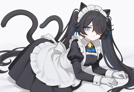 (Maid-kasli), solo, white gloves, dress, hair over one eye, maid apron, blue eyes, twintails, cat ears, maid headdress, maid, gloves, 1girl, apron, juliet sleeves, long sleeves, long hair, black hair, animal ears, bell,(Fall down),