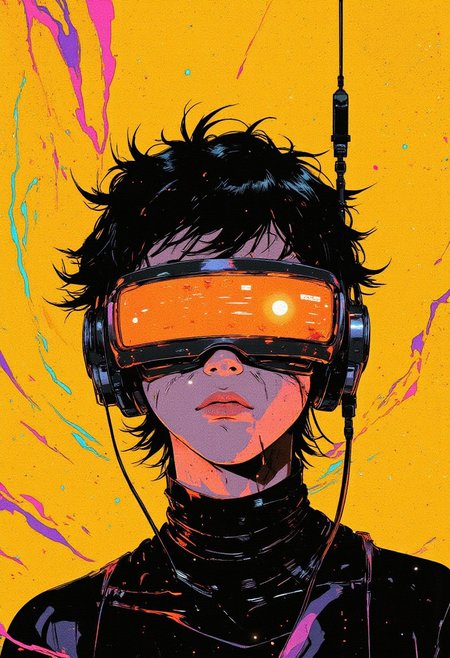 HD, high-resolution cyberpunk-inspired photograph featuring a young person with short, tousled hair, dressed in a sleek black turtleneck with a high collar. Large, glossy black over-ear headphones frame their face, contrasting sharply with the vibrant, uniform yellow background, now adorned with vibrant illusion patterns that ripple across the surface. These swirling, geometric designs in neon hues of purple, pink, and cyan create a dynamic, futuristic effect, enhancing the immersive atmosphere. A glowing, rectangular screen hovers over their eyes, emitting a vivid orange light that suggests a futuristic virtual reality interface or cybernetic enhancement, casting a subtle glow onto their face. The background’s bold yellow tone, combined with the illusion patterns, heightens the contrast of the figure's dark attire and accessories, emphasizing the minimalist yet impactful composition. The image is styled with a retro-futuristic touch, featuring a subtle grainy texture reminiscent of early digital photography, adding depth and a nostalgic edge to the cyberpunk aesthetic. The sharp interplay of bold colors, glowing technology, and clean lines evokes themes of virtual reality immersion, advanced technology, and modern digital exploration, with a hint of mystery and innovation in the partially obscured face.