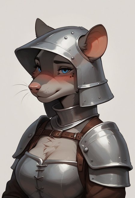 score_9, score_8_up, score_7_up, score_6_up, 1 anthro rat girl, sexy face, wearing knight female armor with helmet, cute face, blue eyes, hazel eyes shy , nose blush, medium boobs, chest up, grey fur, bald,  fullbody, smirking, looking at viewer, (medieval castle background), 3/4 side view, upper body half view