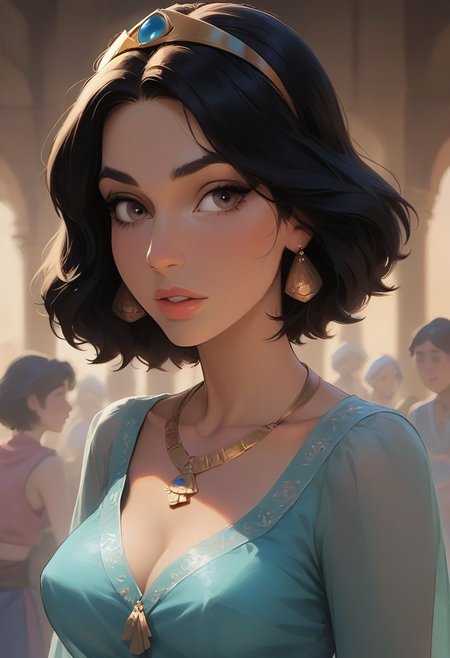 Score_9_up, Score_8_up, (shot waist and up) persian town square, detailed background, sunny day, people in background, Jasmine, ((pale skin)), long eyelashes, no waist, Turquoise outfit, jewelry, short black hair, blue arabian clothes, tiara, (sheer clothing), medium hanging breasts, one girl with long and one girl with short hair,