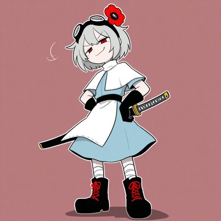 Sentaku-bune, BREAK, 1girl, solo, (short, small body, grey hair, short hair, red eyes, black tanker goggles on head, flower in hair, poppy flower in hair, white capelet, white sleeves, short sleeves, katana sheath, white apron, light blue dress, white leg wraps, black gloves, black boots, red laces, black belt), standing, laughing, grinning, smug, hands on hips, leaning back, simple background,