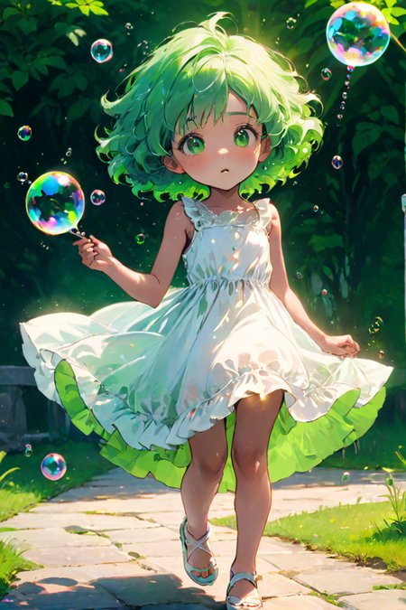 best quality,masterpiece,HDR,UHD,8K,best quality,masterpiece,Highly detailed,Vivid Colors,full body,1girl, green hair,afro,child,shiny skin,white skin, off-white summer_dress, <lora:neg4all_bdsqlsz_xl_V7:1>, <lora:xl_more_art-full_v1:0.8>bubble blowing,