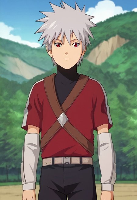 youngkakashi, solo, solo focus, 1boy, lean body, wear red shirt, unbuttoned shirt, wear black shorts, outdoor, sunny day, clear sky