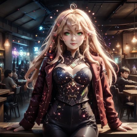 starry_morph, score_9, score_8_up, score_7_up , 1girl, solo, long hair, pink hair ribbon, cowboy shot, nightclub, neon lights, bokeh, depth of field, blush, happy, makeup, open leather jacket, red leather high waist pants, signora, Robina, long hair, hair between eyes, green eyes, pointy ears, elf, blonde hair, ahoge, Cyberpunk.