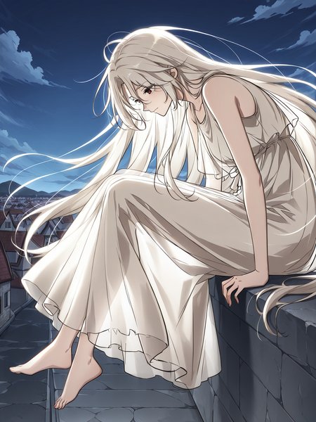 <lora:Omniscient_Readers_Viewpoint__Shin_Yoosung_adult:1>
1girl, solo, very long hair, white hair, straight hair, parted bangs, hair between eyes, red brown eyes,
white dress, flowing dress, layered dress, sleeveless dress, ankle length dress, soft fabric, ethereal look, barefoot
score_9, score_8_up, score_7_up, score_6_up, source_anime, masterpiece, best quality, absurdres, highres, newest, anime coloring <break>  1girl, solo, sitting, on wall, from side, town, night sky, cloud