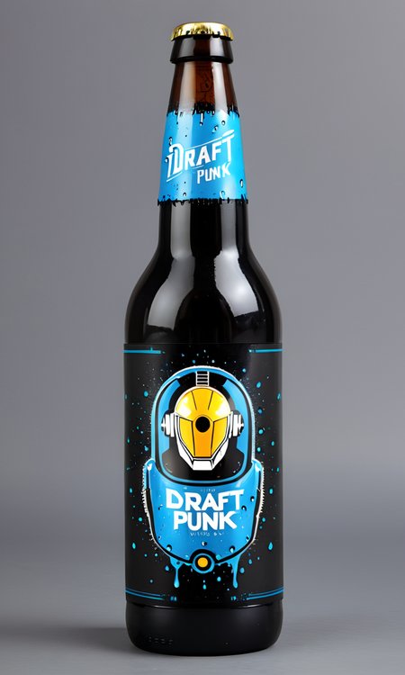 <lora:bevlabsdxl:0.9>,a beer bottle with a robot, text " Draft Punk", bevlabsdxl,  best quality, masterpiece, water droplets, logo, fancy beer, daft punk