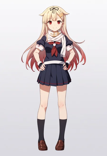 score_9, score_8_up, score_7_up, score_6_up, score_5_up, score_4_up, BREAK, source_anime,
1girl, yuudachikaini, blonde hair, gradient hair, hair flaps, long hair, hair ribbon, hairclip, red eyes,
serafuku, fingerless gloves, neckerchief, pleated skirt, school uniform, scarf,
hands on hips, standing, full body, smile, looking at viewer, solo, simple background, white background    <lora:YuudachiXL:1>