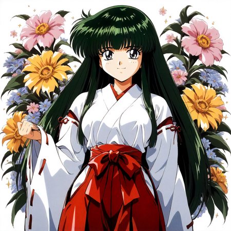 <lora:RC_masou_shizukaXLanimagine001:0.8>,
masterpiece,high score,great score,absurdres,
flower background,glitter,
smile,
looking at viewer,
solo,
anime coloring,retro artstyle,1990s (style),
masou_shizuka\(rance_series\),1girl,green hair,long hair,black grey eyes,
cowboy shot,standing,
miko,