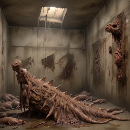 Dark Fantasy page, Inside a crypt. sluggirl,  undead, twitching, writhing. Walls made of flesh. Painting. Monster Manual. s34slug, flaps, stalks
zombie slug hybrid man monster.