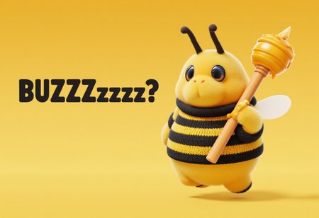 sideview running, An adorable anthropomorphic bee stands proudly, holding a staff in her hand, its tip coated with sticky, golden honey like a scepter of royalty. She’s wearing a cozy, hand-knitted sweater with alternating black and yellow stripes, perfectly matching her natural coloring. Her wings shimmer faintly in the light, and her large, round eyes give off a cheerful, curious expression. The honey glistens as it drips slightly from the staff, creating a sense of sweetness and warmth. The bee's fuzzy body and the texture of the knitted sweater contrast beautifully, making her both cute and regal. text "BUZZZZzzzzz?"