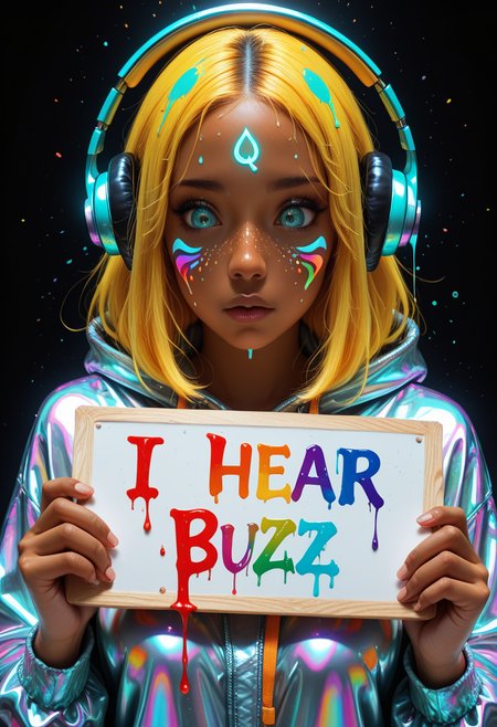 1girl, pretty, masterpiece, best quality, best quality, absurdres, 8k, HDR, ((holding sign:4, "I HEAR BUZZ":2)) (face), solo, straight-on, (extreme close up), portrait, dark background
  ,ADDBASE, (face), solo, straight-on, (extreme close up), portrait, dark background
  ,ADDBASE, beautiful face, detailed, cute, big natural eyes, eyelashes, simple background, yellow hair, dark skin, facial markings, , concentrating, deep in thought, deep concentration, 
  ,ADDROW,
    wearing large over-ear headphones
    ,ADDCOL,
    headphones are (qxys, thermal style, bright colors), covered in (rainbow paint splatter, dripping iridescent paint), (reflective surface, holographic), glowing details, crazy colorful design , <lora:DarkerThanBlackIllustrious:.2>, <lora:holographiccolor:.2>, <lora:ThermalSwirlsILL:.2>,