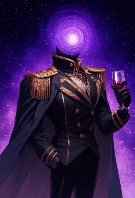 h3ad,object_head,headless,faceless,purple cosmic spiral,
BREAK score_9, score_8_up, score_7_up, male_focus, bishounen, solo, <lora:Uglystyle11a:-1>,
BREAK black military uniform, collared suit, long sleeves, black cape, cosmic cape, black leather gloves, black pants, gold embroidery, patterned clothing, gold trim, gold buttons, gold epaulettes, looking to the side, holding a glass of wine,
BREAK 0ut3rsp4c3, blue gradient, purple gradient, starry background, detailed background