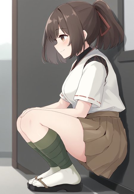 score_9, 1girl, isedefkc, short_sleeves_brown_skirt, (japanese_clothes:1.3), brown skirt, white shirt, black turtleneck, pleated skirt, green legwear, white socks, green footwear, black zouri, black sandals, from side, blush, smile, kumasteam