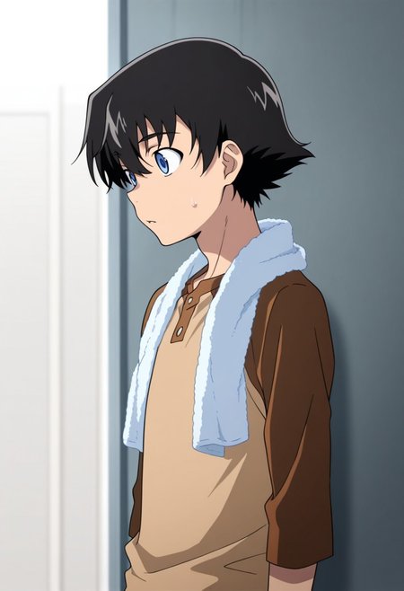 masterpiece,best quality,amazing quality, source_anime, 
YukiteruAmano, 1boy, male focus, solo, blue eyes, black hair, brown shirt, raglan sleeves, towel around neck,