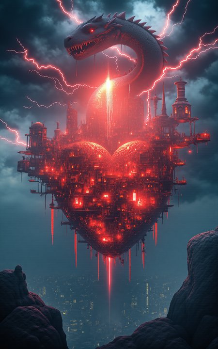 The floating Heart City of Ishtar drifts in the sky,built around a massive levitating mechanical heart that radiates warm red energy through a network of gears,pipes,and steam-powered flight rails. Above the city,a mythic thunder dragon coils through lightning-filled clouds,its body pulsing with electricity. As it approaches,the heart begins to flash erratically,illuminating the city in surges of red and white. (vivid style, architectural perspective, wide composition, electric storm atmosphere),
<lora:aidmaMJ6.1_v0.5_3:0.6>,aidmaMJ6.1,<lora:detailifier_sd3.5:1>,detailifier,