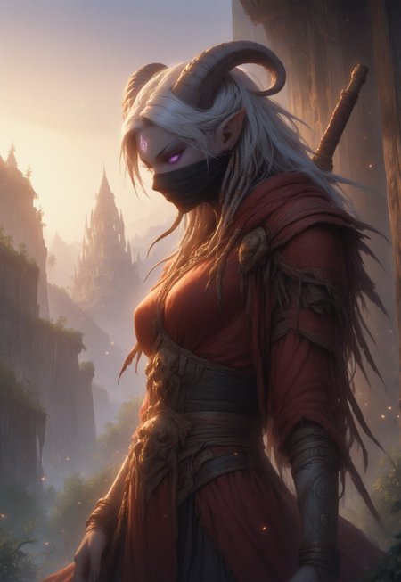 (absurdres, best quality, masterpiece:1.4), score_9, score_8_up, score_7_up, score_6_up, detailed, detailed body, detailed face, world of warcraft, fantasy, 

fFaceDetail, SkinDetail, ((female, draenei, tall, athletic arms, pale white skin, smooth skin, long white hair, purple eyes, no pupil, no sclera, long white tail), (h0rns, ram horns, white horns), 
(long fingers, purple fingernails, purple nail polish)), 

(long loose red dress, simple armlet, black facemask, red silk scarf), GunMonk, shotgun, holding shotgun,

full body, side view

outdoor, evening, mountains, sunset