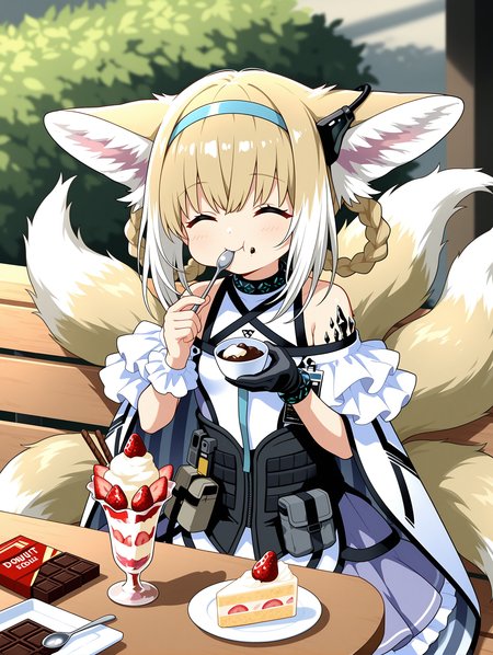 1girl, suzuran \(arknights\), arknights, :t, ^ ^, animal ears, belt, bench, black gloves, blunt bangs, braid, bulletproof vest, candy, chocolate, chocolate bar, closed eyes, cup, doughnut, eating, food, fox ears, fox girl, fox tail, fruit, gloves, hair between eyes, hairband, holding, holding cup, holding spoon, ice cream, infection monitor \(arknights\), kitsune, kyuubi, light brown hair, long hair, material growth, multiple tails, oripathy lesion \(arknights\), parfait, plate, pocket, scrunchie, shortcake, sidelocks, single glove, smile, solo, spoon, strawberry, table, tail, twin braids, utensil in mouth, wrist scrunchie, sitting ,masterpiece,best quality,amazing quality,
