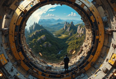 A giant mercury sphere of 3 meters that reflects its surroundings. It floats in the air 1 meter in a steampunk spaceship. Everything around it is reflected in the reflection. aidmaMJ6.1